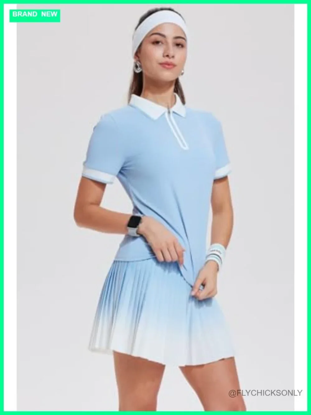 2 Piece Tennis Active Skort Set with Zipper Polo Top & Pleated Skirt